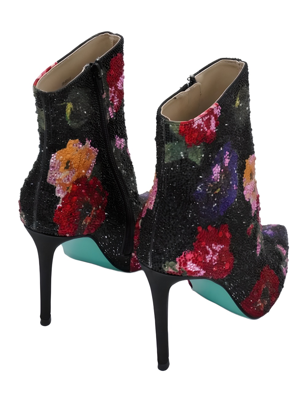 Betsey Johnson Belle Rhinestone Stiletto Heel Ankle Boots Black Flower Size 8M - Picture 3 of 6